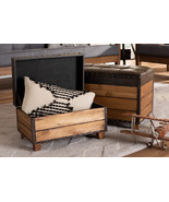 Sennet Rustic Dark Brown Faux Leather 2Pc Wood Storage Trunk Ottoman Set - $3,847.17 MXN