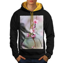 Wellcoda Cherry Tree Blossom Mens Contrast Hoodie, Japanese Casual Jumper - $44.27