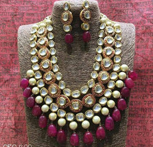 VeroniQ Trends-Indian Kundan Necklace Set in Multilayer Pearls,Ruby Gems,Wedding - £70.77 GBP