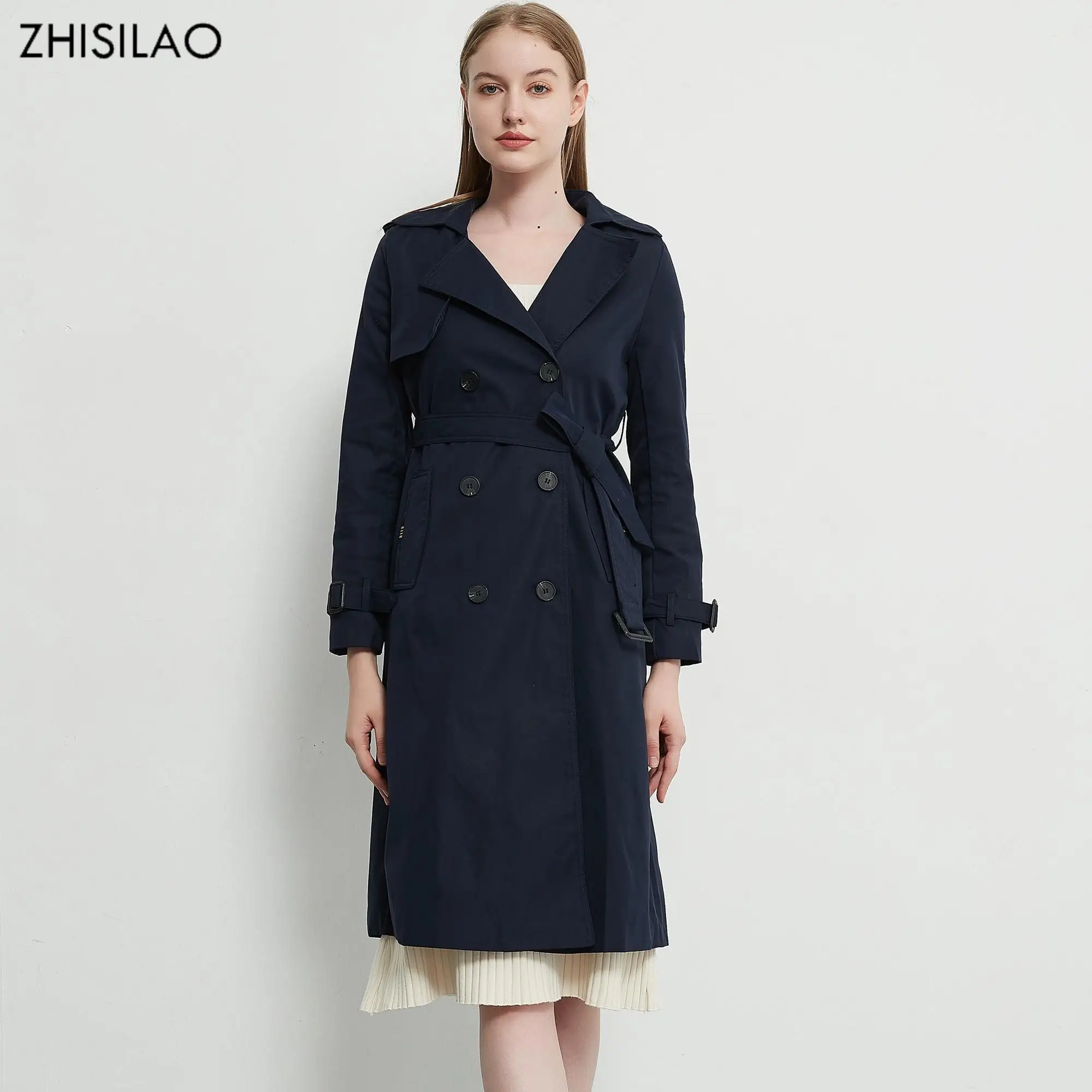 ZHISILAO New Women Long Coat 2021 Double Breasted Navy Blue Trench Coat Female E - £216.41 GBP