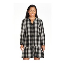 Time and Tru Black White Tiered Plaid Shirtdress Puff Sleeves Womens Lar... - £13.58 GBP
