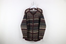 Vtg 90s Streetwear Womens Large Distressed Wool Fair Isle Knit Cardigan Sweater - £47.16 GBP