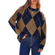 WomenS Fall Winter Oversized Pullover Sweaters Vintage Plaid Argyle Sweater Casu - £66.25 GBP