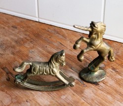  2 Vintage Brass Horses Nursery Decor  Rocking  Carousel Pony &amp; Unicorn Figurine - £11.19 GBP
