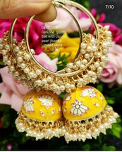 Indian Bollywood Pearl Enameled Yellow jhumkas Earrings Women Bridal Jewelry Set - £22.44 GBP