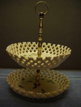 2 TIERED Cake STAND POTTERY Lattice EDGE SCHLAEGER GOLD STAND - £25.85 GBP