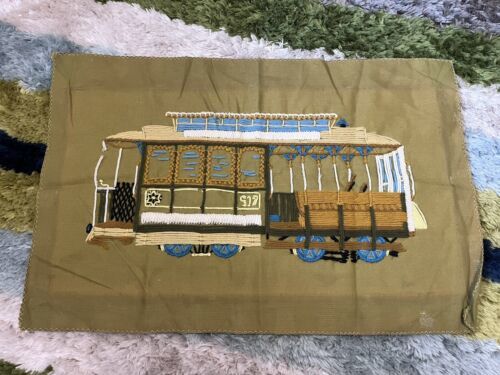 Primary image for Vintage Crewel Embroidery Trolley Car FLAWS 24x16