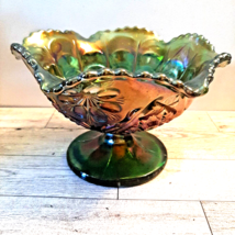 Vintage Imperial Green Carnival Glass Compote Stem Bowl Spider Web Interior - £29.93 GBP