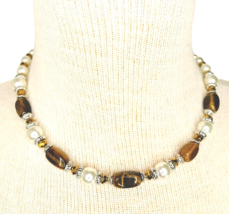 Tiger Eye And Faux Pearl Necklace 20” Silver Tone And Faceted Bead Spacers - £16.13 GBP