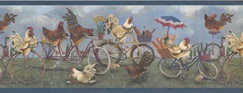 Primary image for White Roosters Brown Hens on Bikes Vintage FFM1009B Wallpaper Border