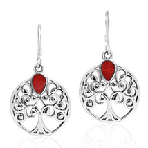 Beautiful Tree of Life w/ Red Synthetic Coral Sterling Silver Dangle Earrings - £13.82 GBP