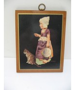 Vintage 3.5&quot; x 4.5&quot; Hanging Wood Print Colonial American Girl with Cat - $6.99