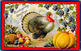 Vtg Thanksgiving Greetings Embossed Postcard Turkey / Pumpkin - 1910 Cancel A1 - £17.76 GBP