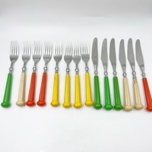 VTG 1973 Oxford Hall 14 Piece Stainless Flatware Yellow Red Ivory Green Handles - £31.38 GBP