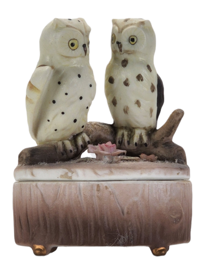Vintage Lefton Japan Owl Couple On Limb Trinket Jewelry Box Hand Painted 5090 - $20.06