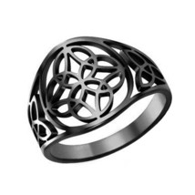 Celtic Circle Knot Ring Womens Black Stainless Steel Triquetra Trinity Star Band - £10.35 GBP