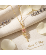 Tulip Necklace Pink Crystal Flower 18K Gold Stainless Steel Jewelry Gift... - $22.99
