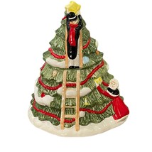 Decorating the Christmas Tree Green Red Ceramic Cookie Jar with Lid Height 10&quot; - £31.64 GBP