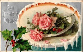 1909 Postcard Best Christmas Wishes Embossed Rose Flowers Snow Ice Cycles Posted - £9.58 GBP