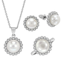 Glowing Dramatic Blossom White Pearl Cubic Zirconia Sterling Silver Jewelry Set - £35.99 GBP