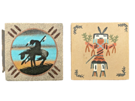 Sand Paintings 2 Navajo Art 4 Inch by 4 Inch Wood Tile Signed Vintage Ar... - £16.02 GBP