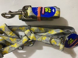 Top Paw Matching Medium Dog Harness &amp; Leash Grey Yellow Floral Print Pattern - £9.54 GBP