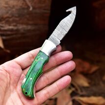 Real Damascus Folding Gut-Hook Blade Pocket Knife Skinning Tactical With... - $23.72