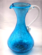 Vintage PILGRIM 7&quot; Pitcher CRACKLE ART GLASS With Applied Handle - NEAR ... - $30.59