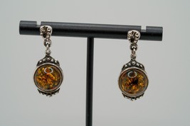 Vintage Sterling Silver Amber Brutalist Dangle Earrings 3cm P1 - $27.72