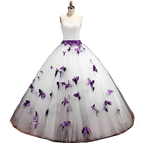 Kivary Strapless A Line White and Purple Butterfly Pearls Long Prom Gowns Weddin