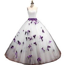 Kivary Strapless A Line White and Purple Butterfly Pearls Long Prom Gowns Weddin - £125.14 GBP