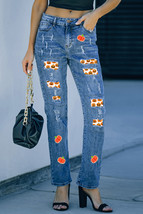 Sky Blue Ripped Pumpkin Patchwork Halloween Straight Jeans - $713.01 MXN