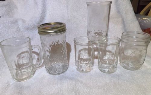 Lot Of 6 Vintage Glasses Jars Clear Juice Jelly Canning Drinking Varies Brands - $24.57