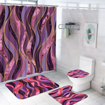 4Pcs Purple and Gold Wavy Striped Shower Curtain Set with Memory Foam Bath Mat,  - £23.47 GBP