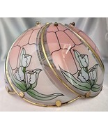 Vintage Brass Replacement Lamp Light Shade w/ Pink Floral Glass Panels (... - $29.30