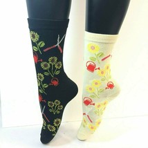 2 PAIRS Foozys Women&#39;s Socks, Gardening Print, Off-White, Black, NEW - £7.11 GBP