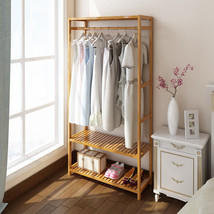 Bamboo Coat Rack Stand Wheel Shelves Garment Clothes Hanging Living Room... - £76.17 GBP