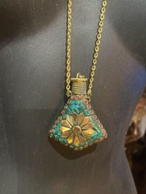 Vintage Koralle Malachit Mosaik Mojo Parfüm Flasche Bronze Halskette - £46.19 GBP
