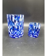 Hand Blown Confetti Art Glass Vases or Candle Holders Blue White  Set of 2 - $37.97 CAD