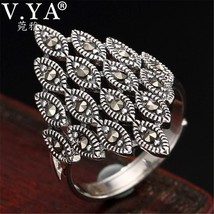 V.YA Retro Silver Marcasite Ring for Women Adjustable 925 Sterling Silver Rings  - £22.67 GBP