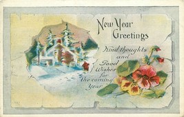 DB Xmas Postcard E449 New Year Greetings Snow Covered Cottage Man Flowers - £3.10 GBP