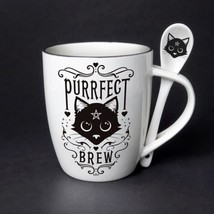 Alchemy Gothic Cat Feline ALMUG20 Purrfect Brew Cup &amp; Spoon Coffee Mug Tea - £13.36 GBP