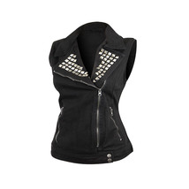 Women&#39;s Denim Vest with Studded Collar Available in Black or Blue - £51.57 GBP