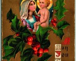Virgin Mary Jesus Holly Merry Christmas Gilt Embossed 1910 DB Postcard I7 - $6.88