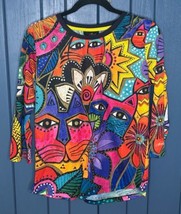 Laurel Burch Colorful Cat Print Shirt Size Large Fun Whimsical Kitty Lover - £19.54 GBP