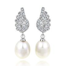 Sparkling Cubic Zirconia Wings White Pearls Sterling Silver Post Drop Earrings - $17.32