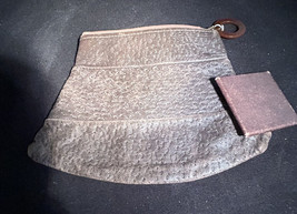 VINTAGE Leather Makeup Bag Brown with Matching Mirror 7&quot; at Base 5 1/4&quot; at Top - £15.69 GBP