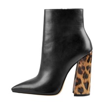 Onlymaker Women&#39;s Pointed Toe 10CM Leopard  Chunky Heels Ankle Boots Side Zipper - £103.47 GBP