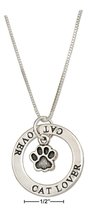 Sterling Silver 18&quot; &quot;cat Lover&quot; Washer Pendant Necklace with Paw Print - £47.15 GBP+