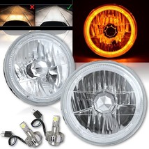 7&quot; Amber LED Halo Angel Eye 12V Headlight Headlamp w/ 6k LED H4 Light Bulbs Pair - £97.13 GBP